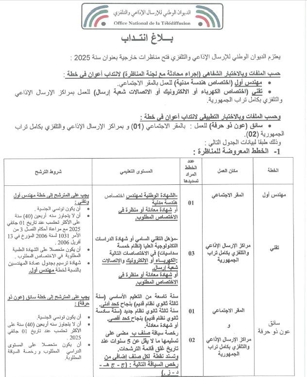 نص الإعلان الرسمي لمناظرة الديوان الوطني للإرسال الإذاعي والتلفزي لسنة 2025 - الصفحة الأولى