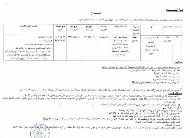 إعلان امتحان مهني لانتداب عملة ببلدية العلا بالقيروان