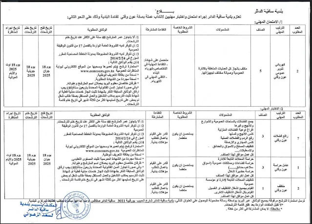 بلاغ فتح مناظرات للانتداب في بلدية ساقية الدائر بصفاقس
