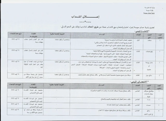 إعلان انتداب عملة ببلدية حمام سوسة لسنة 2025