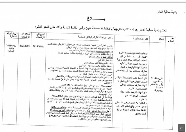 بلاغ مناظرة خارجية بالاختبارات في بلدية ساقية الدائر بصفاقس