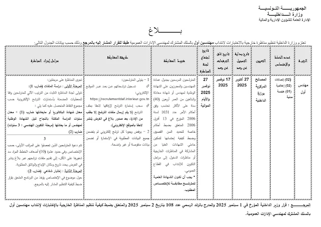 بلاغ فتح مناظرة خارجية لانتداب إطارات وأعوان في وزارة الداخلية التونسية