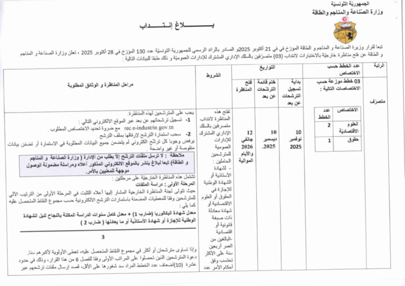 الإعلان الرسمي لمناظرة وزارة الصناعة والمناجم والطاقة لسنة 2025