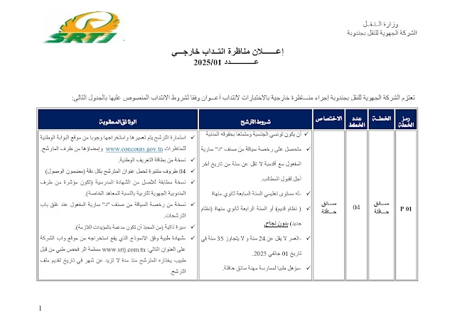 إعلان مناظرة انتداب الشركة الجهوية للنقل بجندوبة