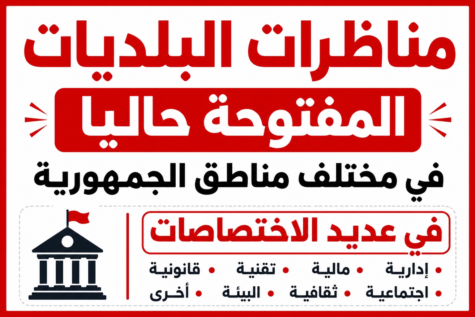 مناظرات البلديات المفتوحة حاليا في مختلف مناطق الجمهورية في عديد الاختصاصات