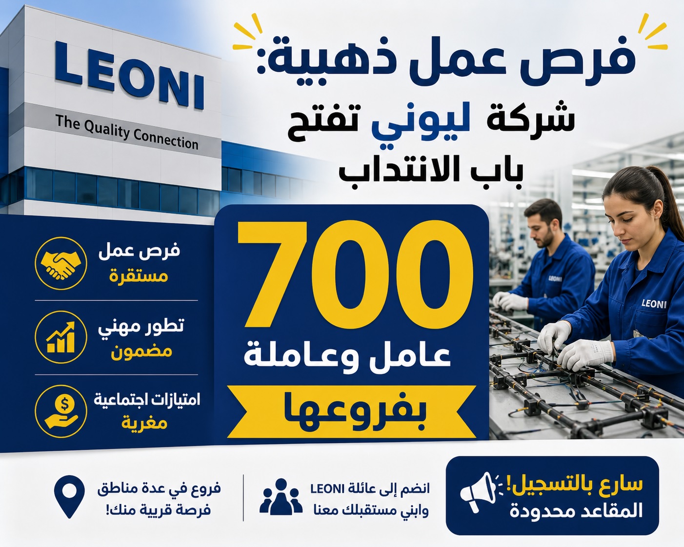 فرص عمل ذهبية شركة ليوني تفتح باب الانتداب لـ 700 عامل وعاملة بفروعها