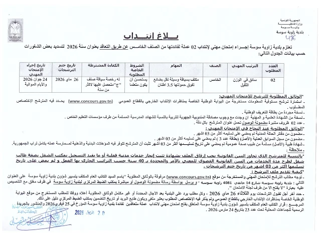 مناظرات البلديات المفتوحة حاليا في مختلف مناطق الجمهورية في عديد الاختصاصات